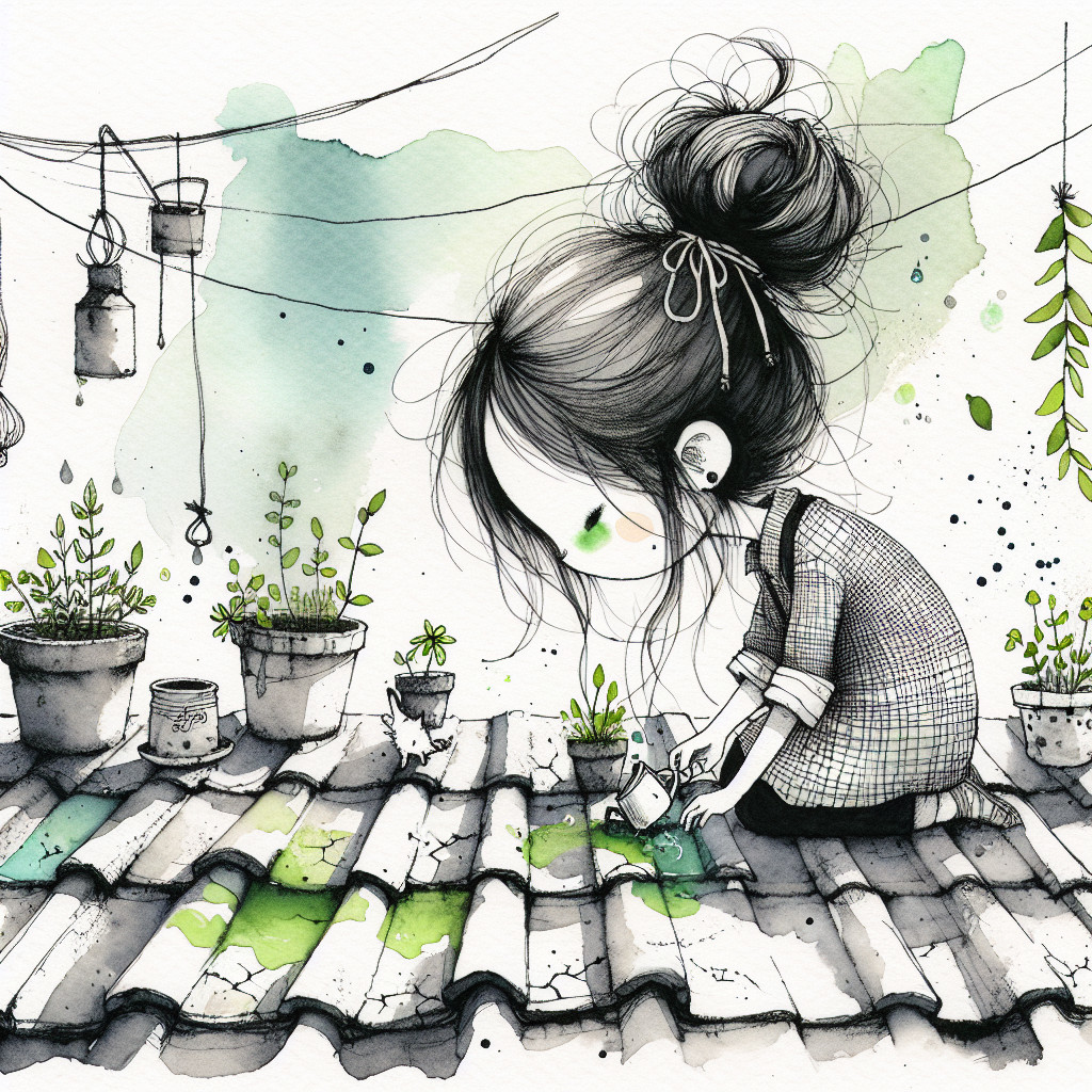 Whimsical Rooftop Gardening Illustration with Watercolors