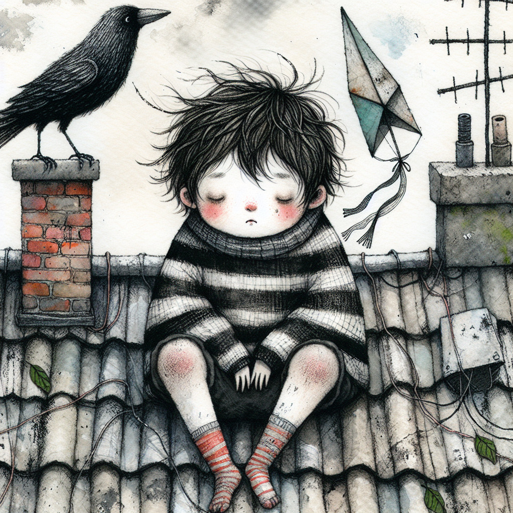 Whimsical Child Illustration on Rooftop with Crow