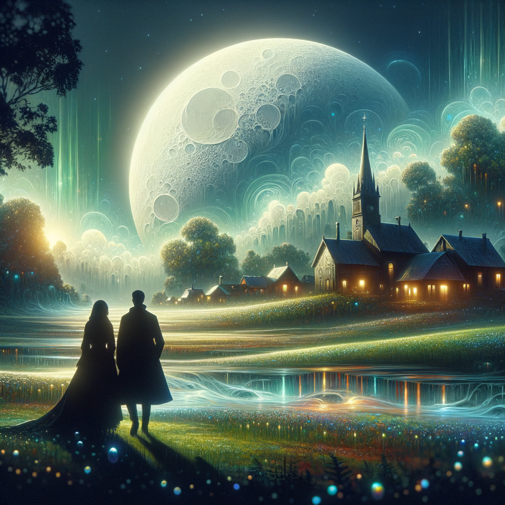 Couple Gazing at Luminous Moon in Dreamlike Landscape