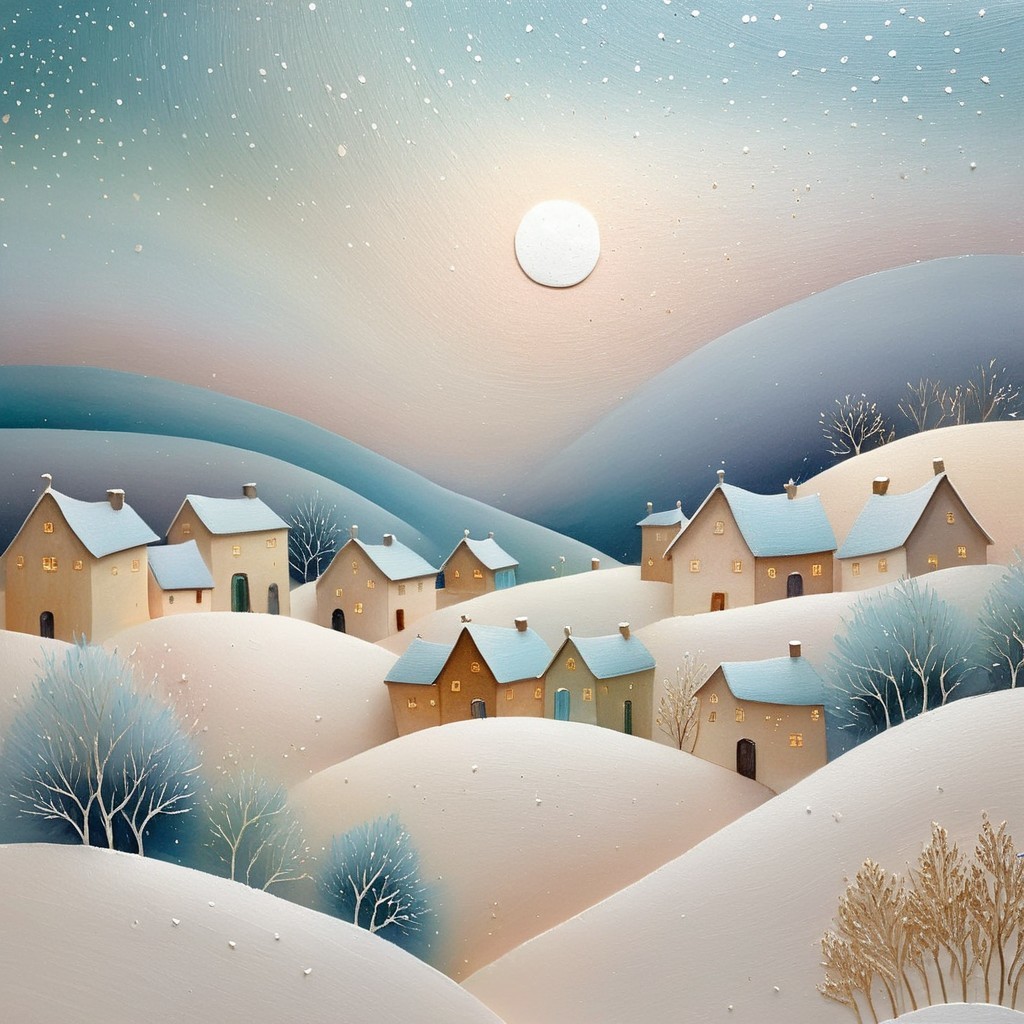 Snowy Village at Sunset with Pastel Colors and Texture