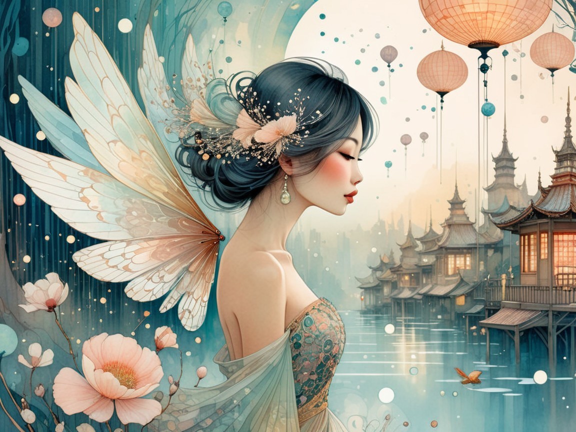 Serene Woman with Butterfly Wings in Dreamlike Setting