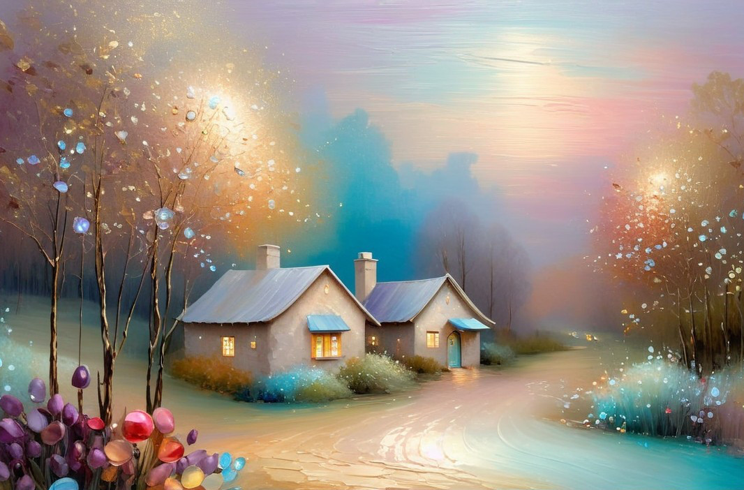 Impressionistic Painting of Cozy Bungalows in Forest