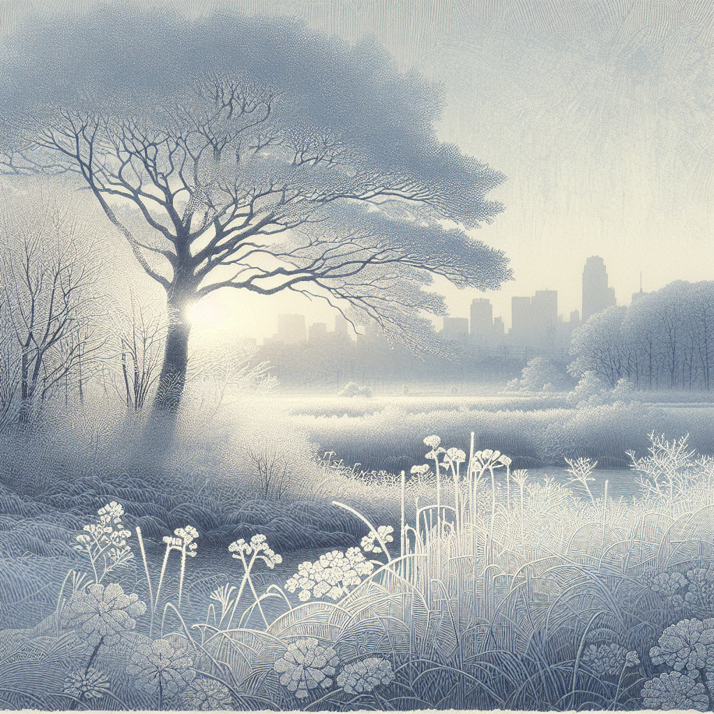 Serene Landscape with Tree and City Skyline in Mist