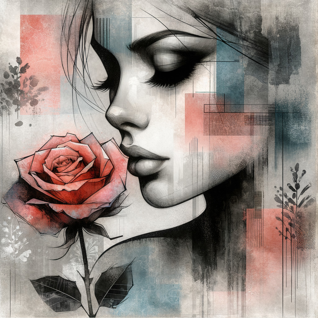 Stylized Profile of Woman with Rose and Geometric Background