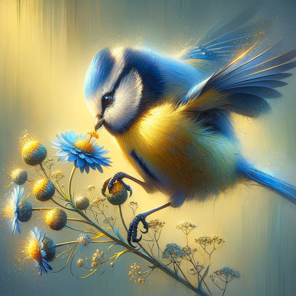 Vibrant Blue and Yellow Bird on Branch with Flowers