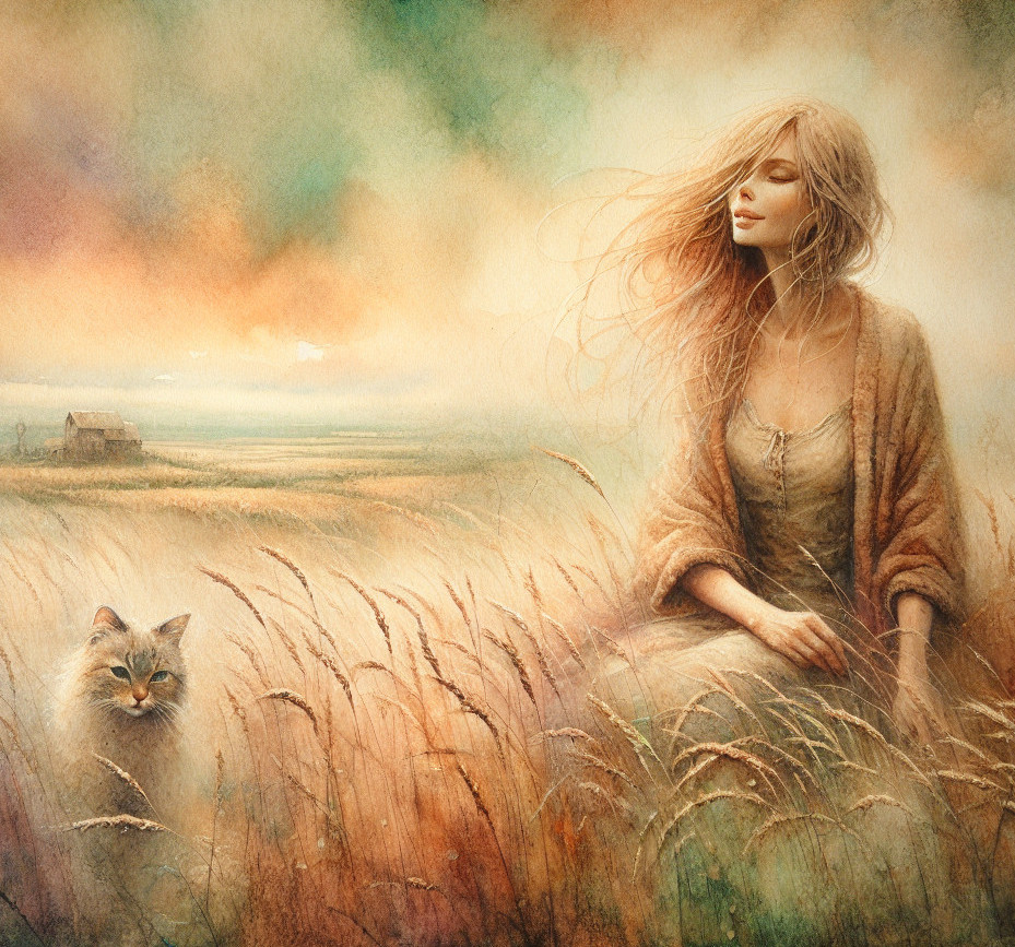 Serene rural scene with a woman and a cat in a field