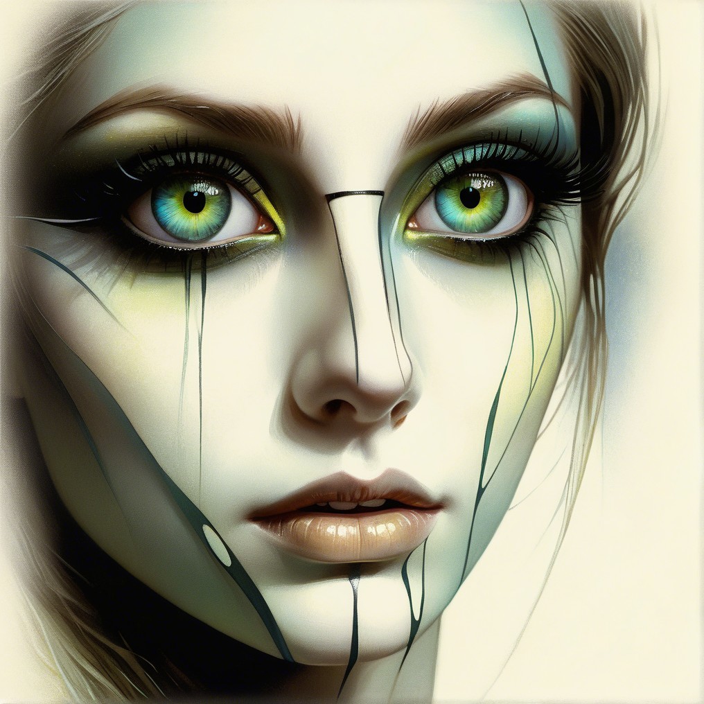 Close-up of a face with vivid green eyes and dramatic makeup