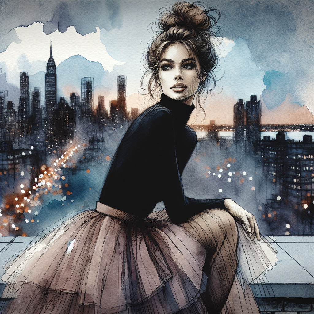 Elegant Woman on Rooftop Overlooking City Skyline