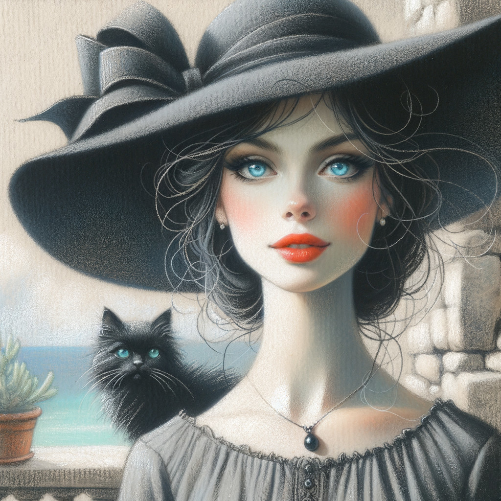Young woman in hat with cat by coastal view