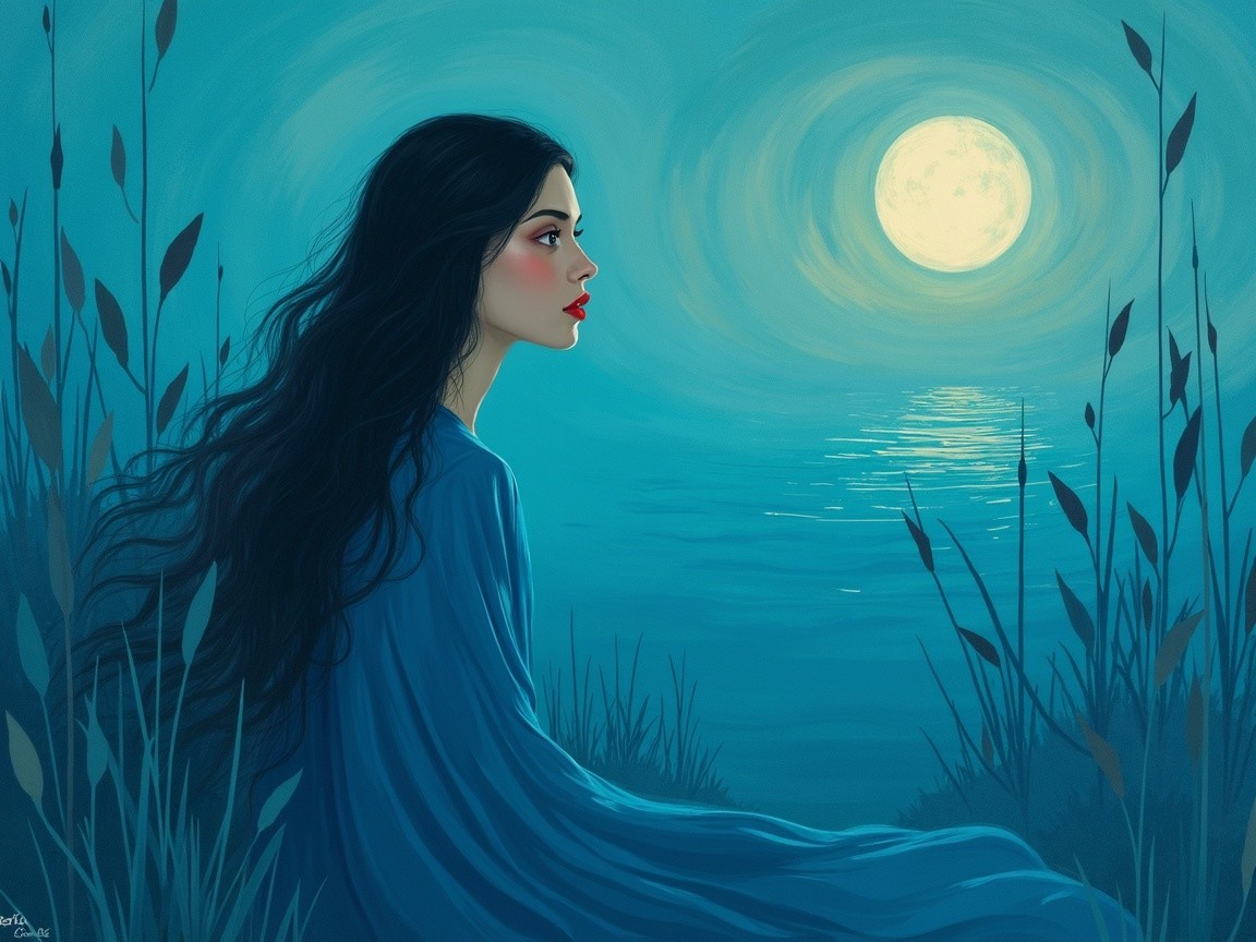 Serene Woman Gazing at Moon Over Tranquil Water