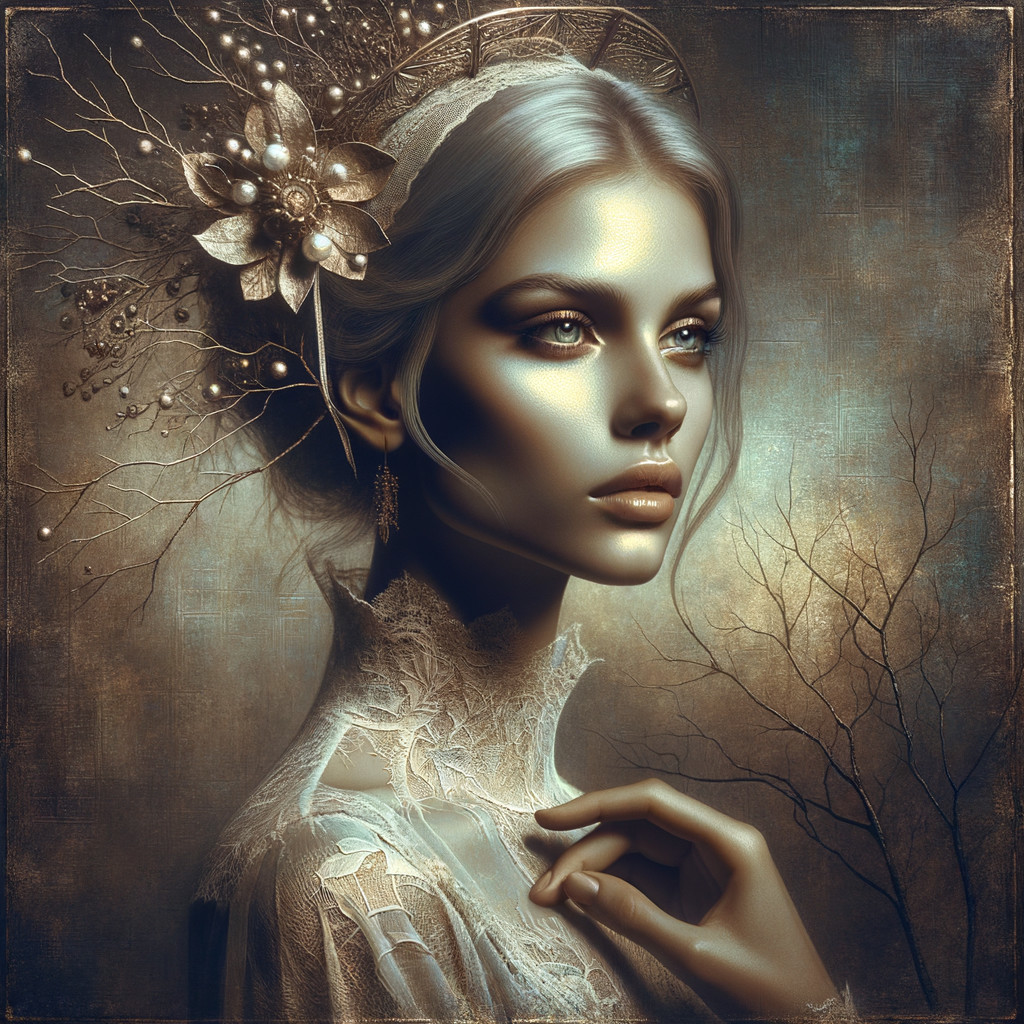 Portrait of a Woman with Floral Accents and Lace Attire