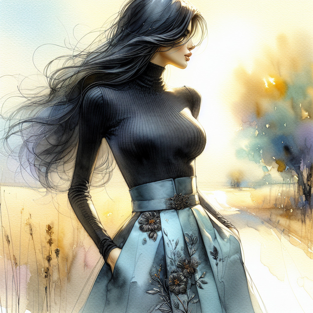 Elegant Woman in Floral Embroidered Skirt and Turtleneck