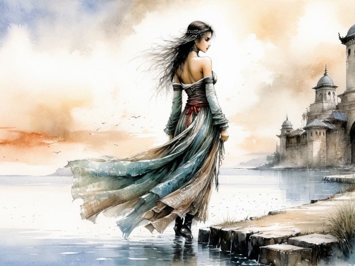Mysterious Woman by the Water in Flowing Gown