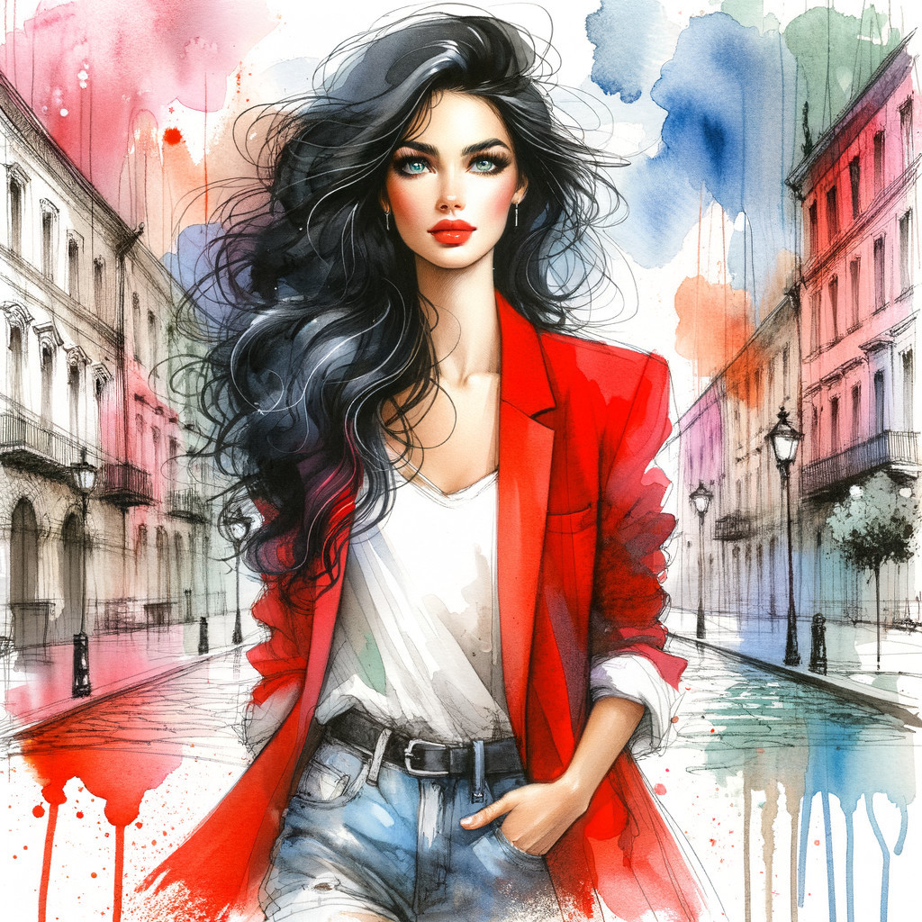 Stylish Woman in Red Blazer on Colorful City Street