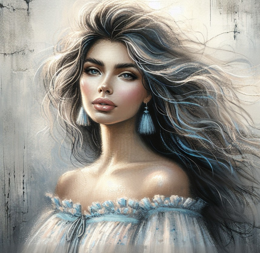 Portrait of a Woman with Flowing Hair and Ruffles