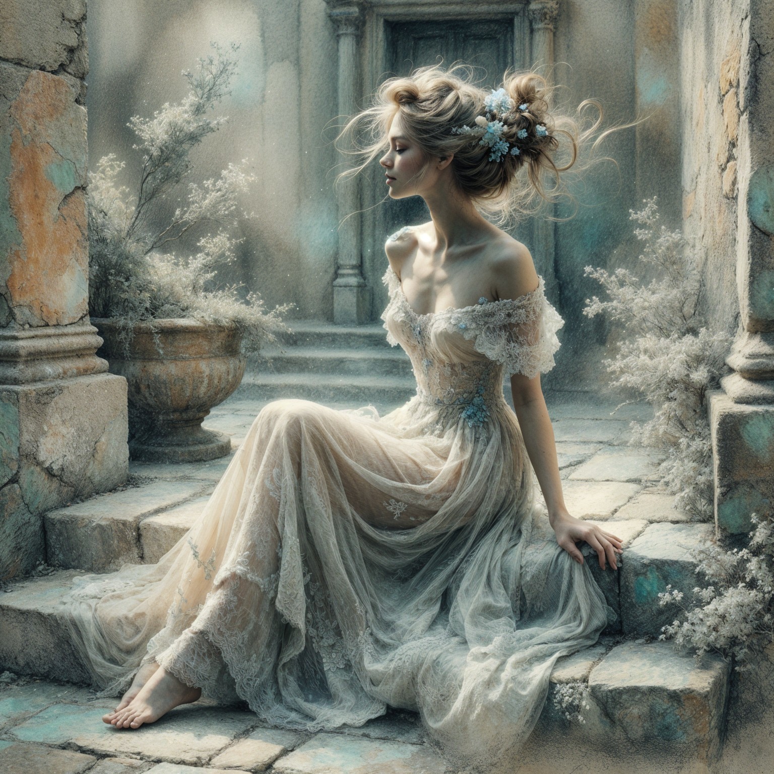 Young woman in ethereal gown on ancient stone steps