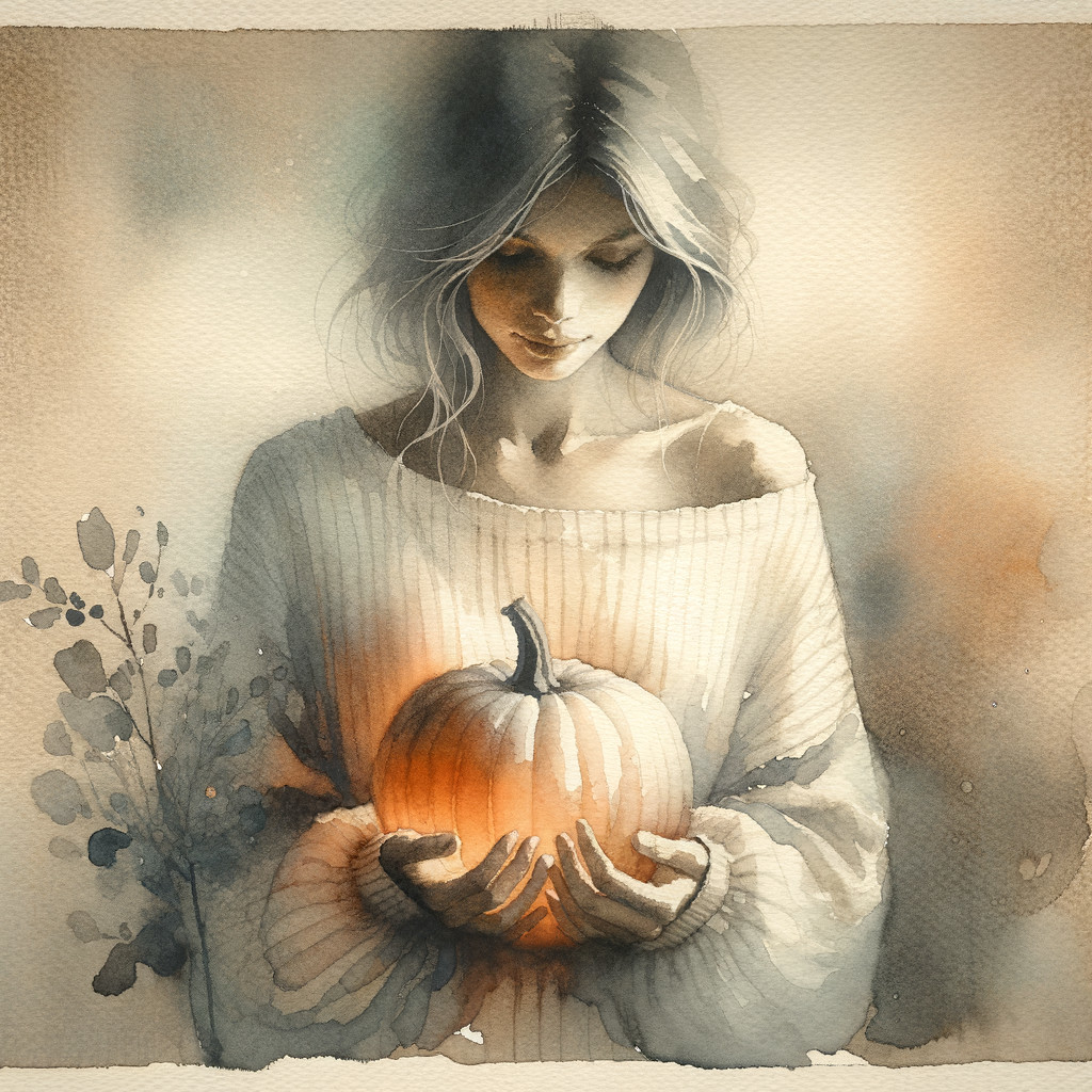 Watercolor Illustration of Woman with Pumpkin in Autumn