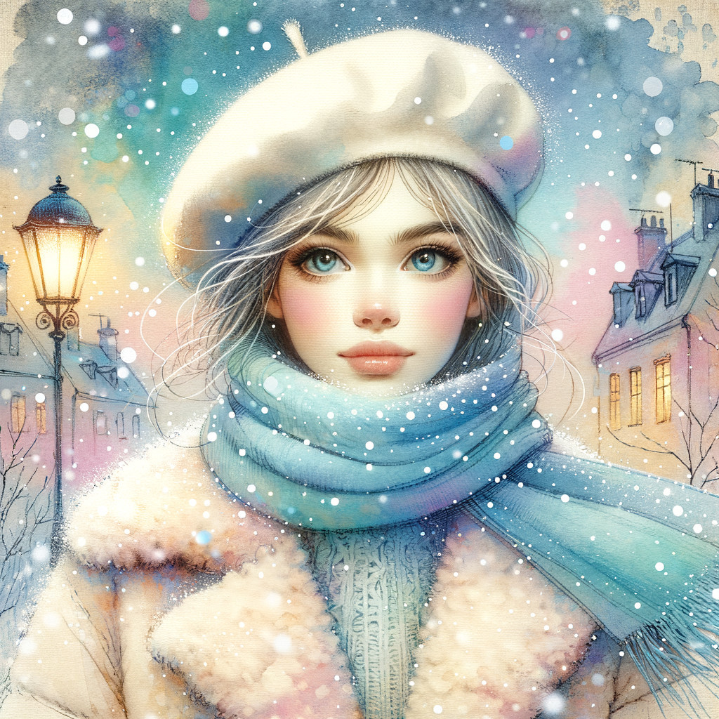 Winter Scene with Young Woman in Cozy Attire