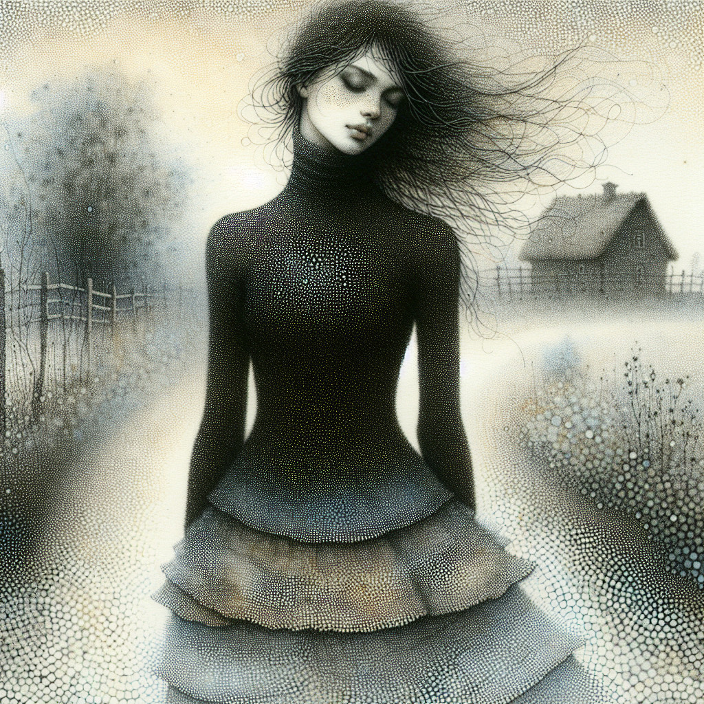 Solitary Figure on Misty Pathway with Cottage Background