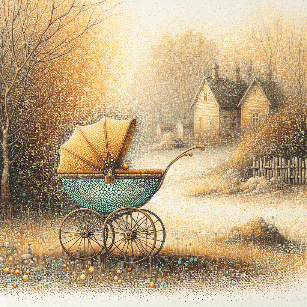 Vintage stroller in autumn landscape with cottage and mist