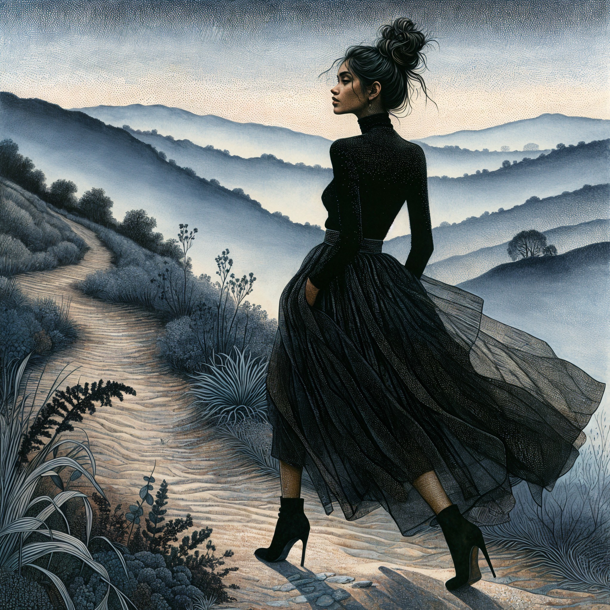 Elegant Woman in Black Amid Misty Mountains