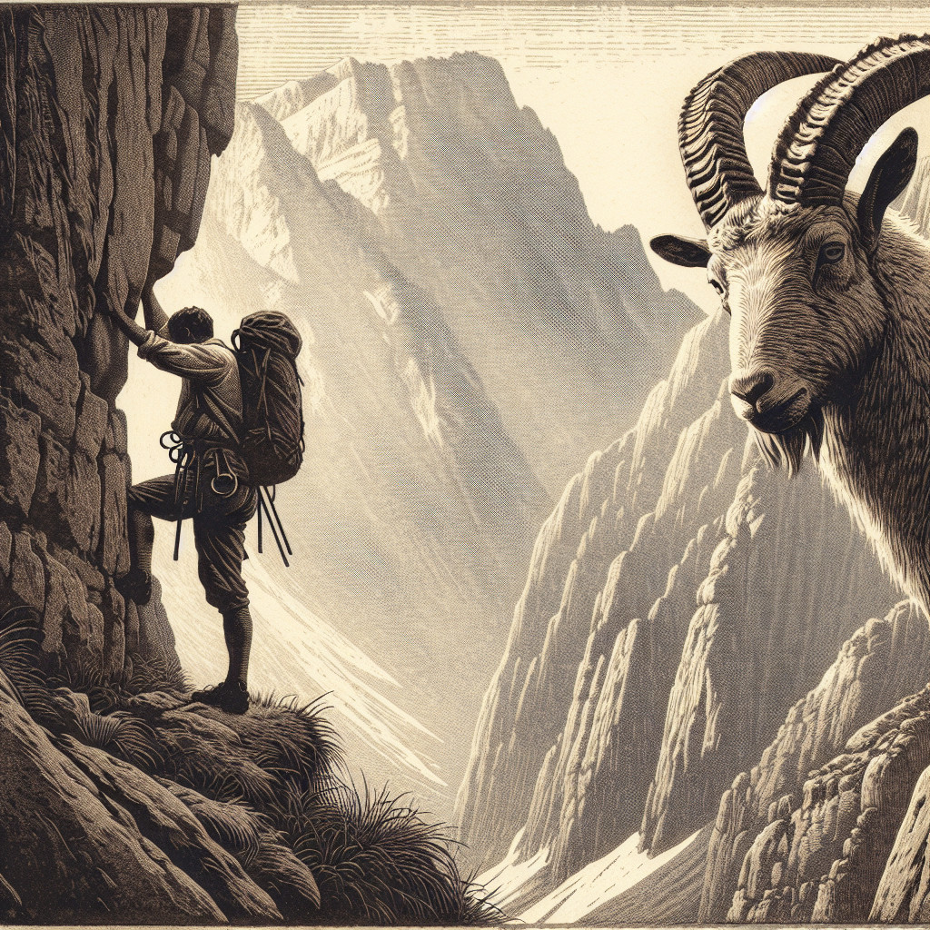 Climber on Rugged Cliff with Ibex in Mountain Landscape