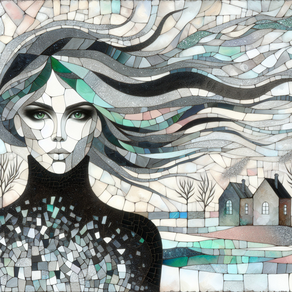 Mosaic Artwork of Woman with Flowing Hair and Landscape