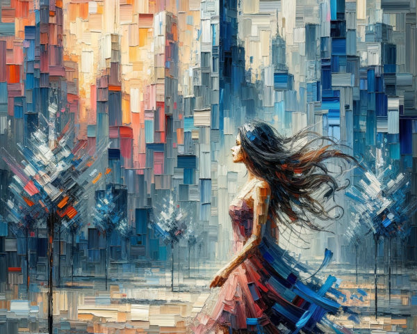 Impressionistic Scene of Woman in Colorful Cityscape