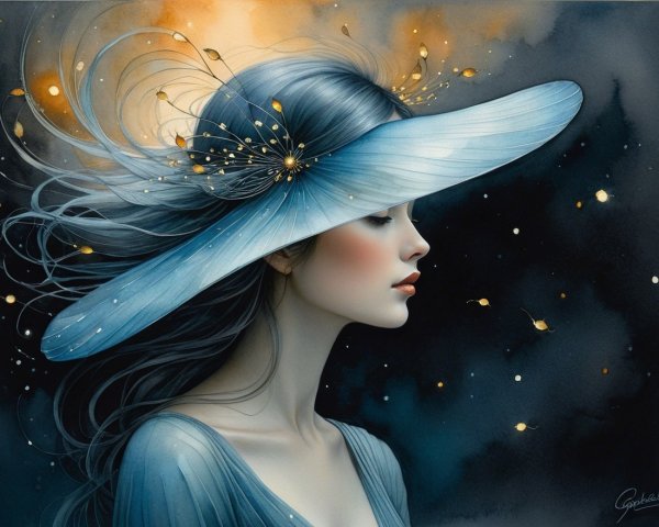 Serene Woman in Elegant Blue Hat Against Dark Backdrop