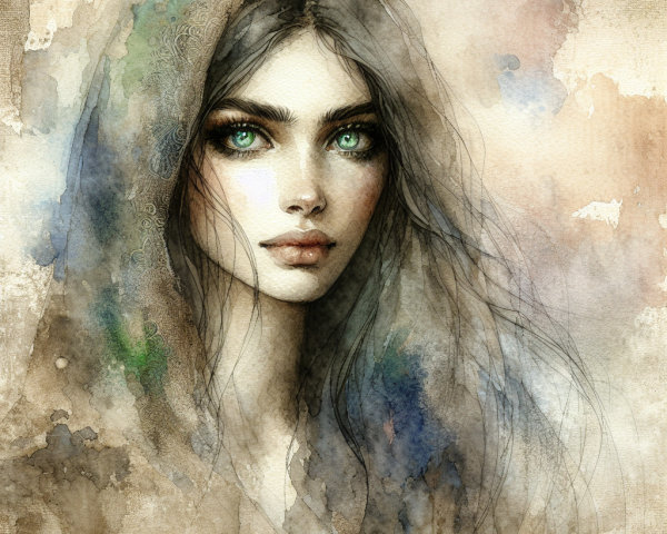 Portrait of a Young Woman with Green Eyes and Hood