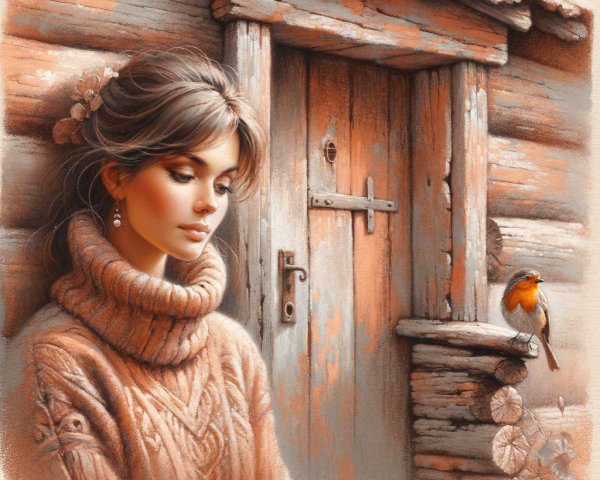 Young woman in cozy sweater by rustic cabin wall