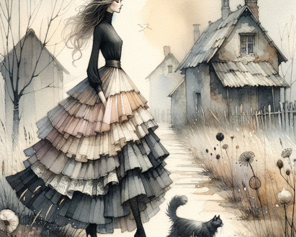 Woman in Multi-Layered Skirt Strolling in Countryside