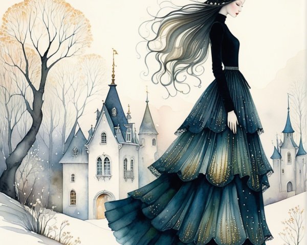 Elegant woman in black and teal gown by castle