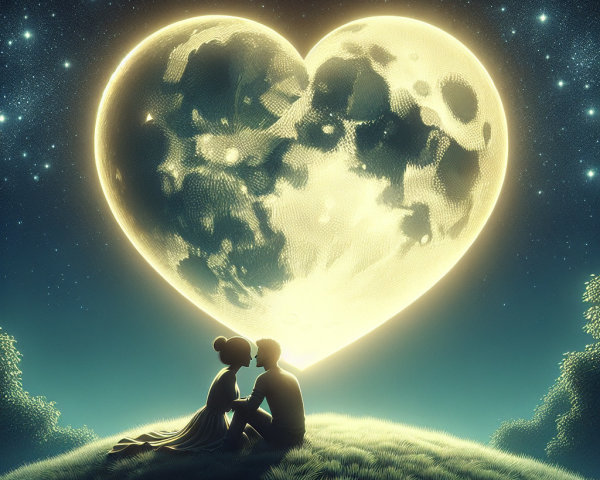 Couple Under Starry Sky with Heart-Shaped Moon