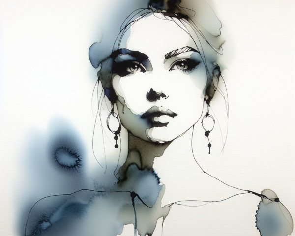 Fluid Ink Portrait of a Woman with Elegant Details