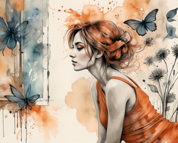 Contemplative Young Woman in Orange Dress Artwork