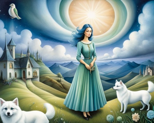 Woman in teal dress on hillside with white dogs