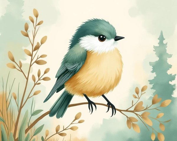Illustration of a Cute Bird on a Leafy Branch