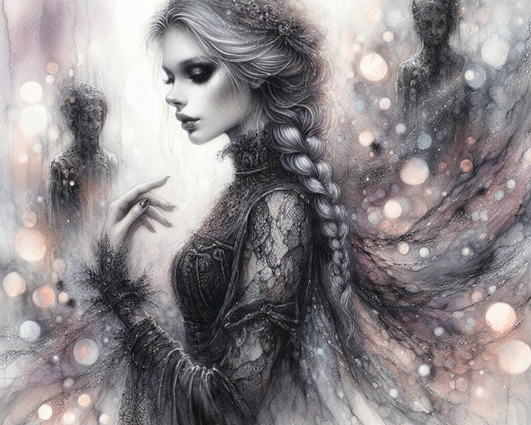 Ethereal Woman in Black Lace Surrounded by Ghostly Figures