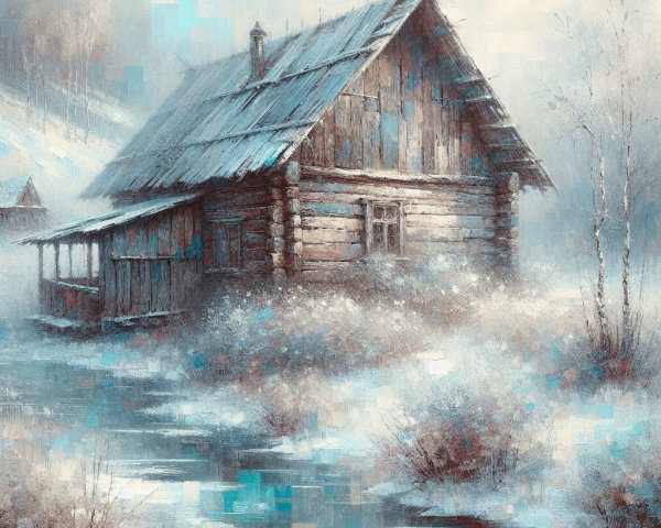 Rustic Cabin in Snowy Landscape Oil Painting Description