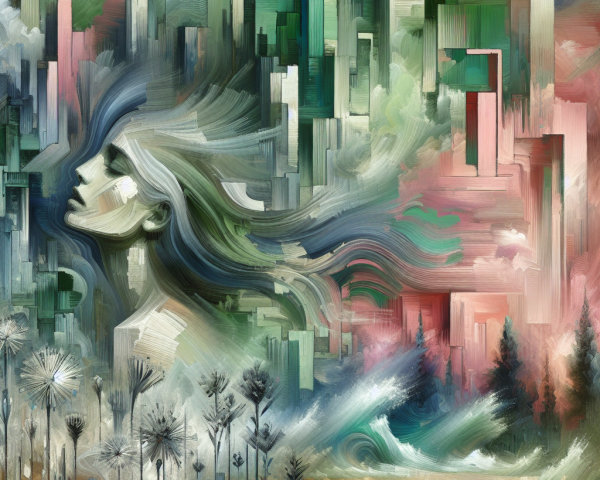 Dreamlike Fusion of Woman and Abstract Cityscapes