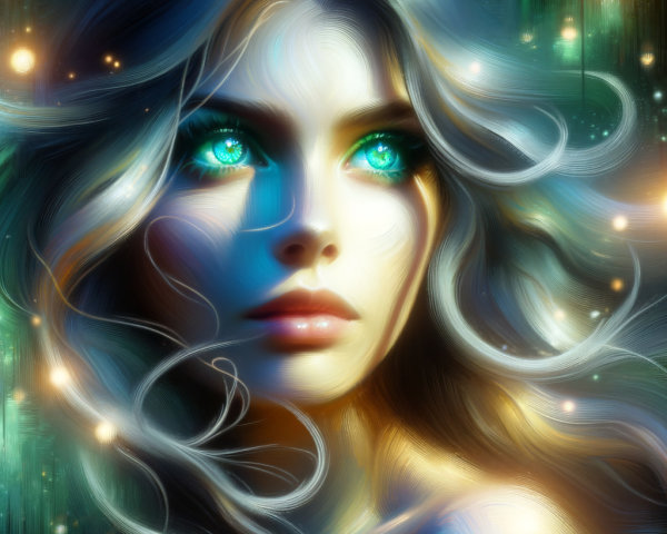 Ethereal Woman with Turquoise Eyes in Mystical Setting