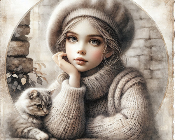 Young girl with cat in cozy setting and soft features