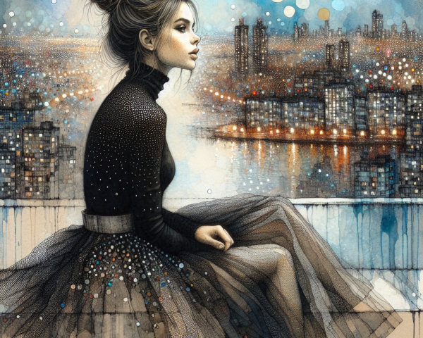 Young woman on balcony with city skyline at night