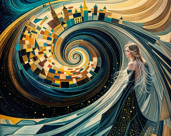 Whimsical Scene of a Woman in a Starry Cityscape