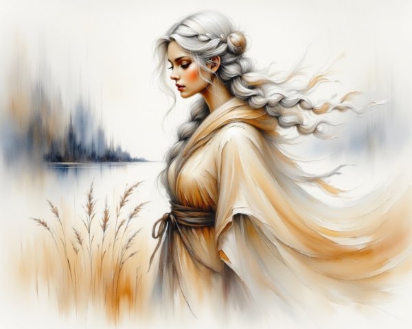 Serene Woman by Calm Lake in Earthy Robe