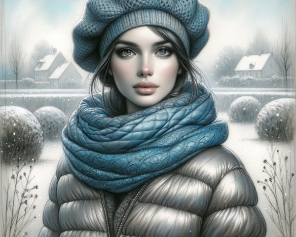 Young Woman in Silver Puffer Jacket in Winter Scene