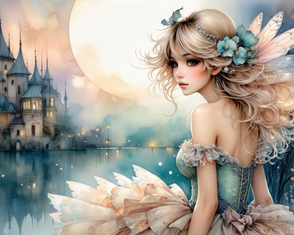 Fairy by Shimmering Lake with Castle and Moonlight
