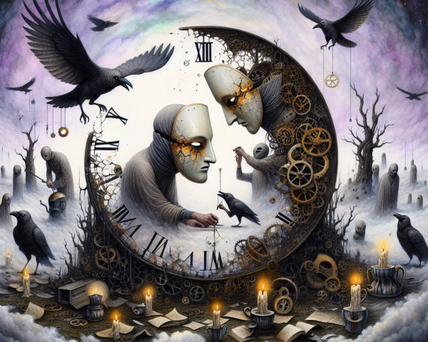 Surreal Scene with Masked Figures and Timepieces