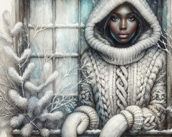 Young Woman in Gray Sweater by Frosted Window